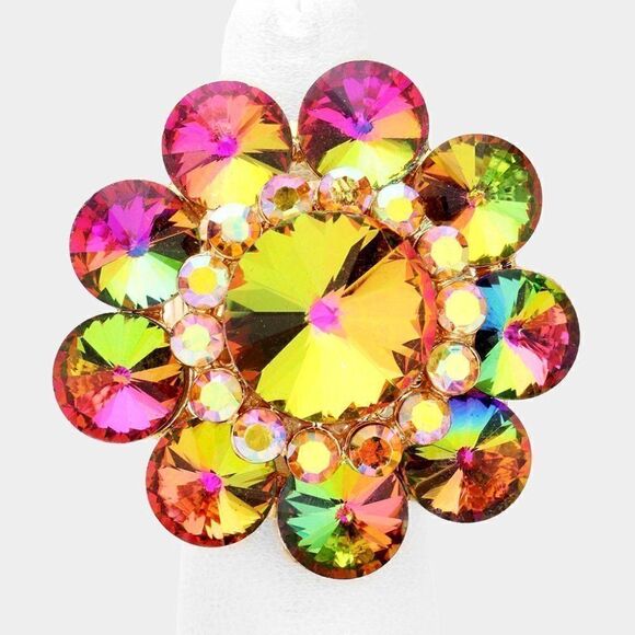 Flower Oil Spill Vitrail Round Crystal Stretch Ring NWT - Picture 1 of 5